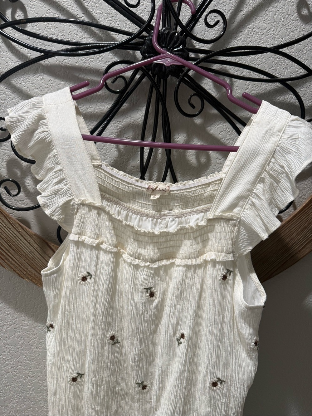 Hem & Thread Cream Embroidered Ruffle Shoulder Tank - Picture 3 of 4